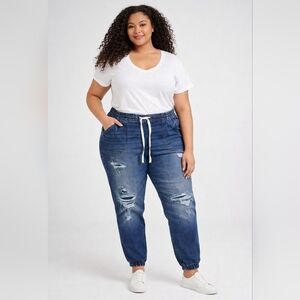 Lane Bryant Mid-Rise Boyfriend Denim Joggers Distressed Size 16 Stretch